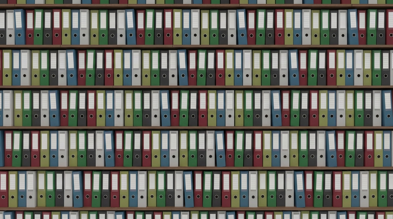 Gambar menunjukkan banyak rak berisi map tersimpan