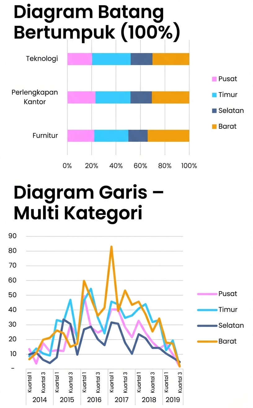 Visual bagan batang, garis, dan area dasar di Excel