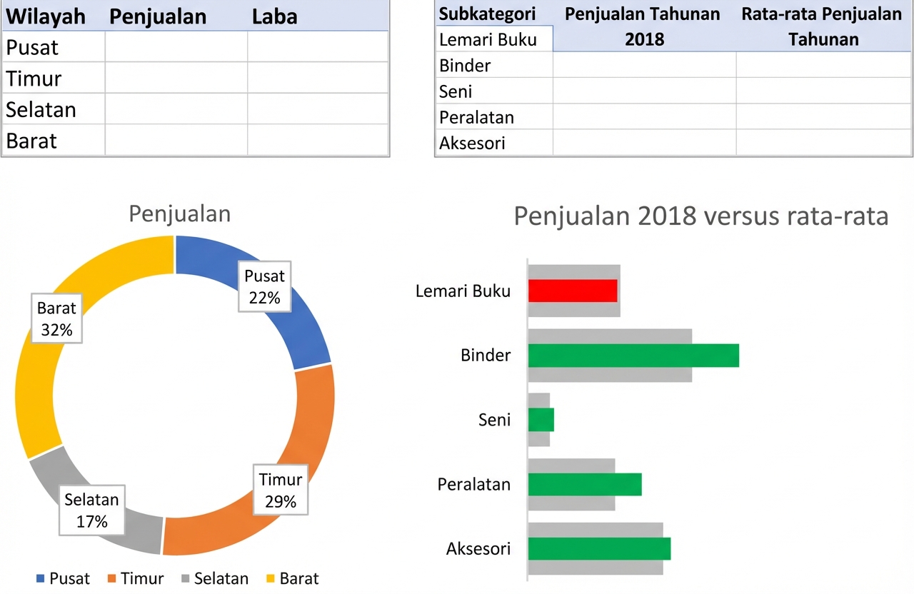 Contoh tabel dan bagan saat memvisualisasikan data teragregasi