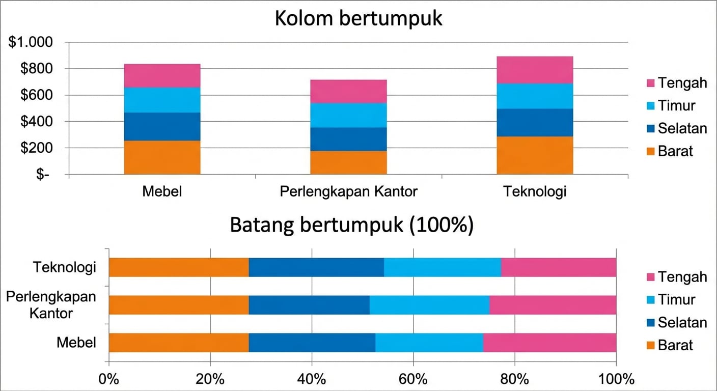 Contoh bagan batang/kolom bertumpuk dan bertumpuk 100%