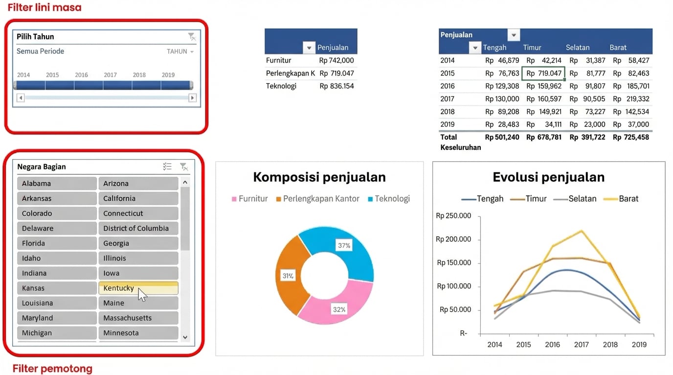 Contoh dashboard kecil di Excel, termasuk filter timeline dan slicer