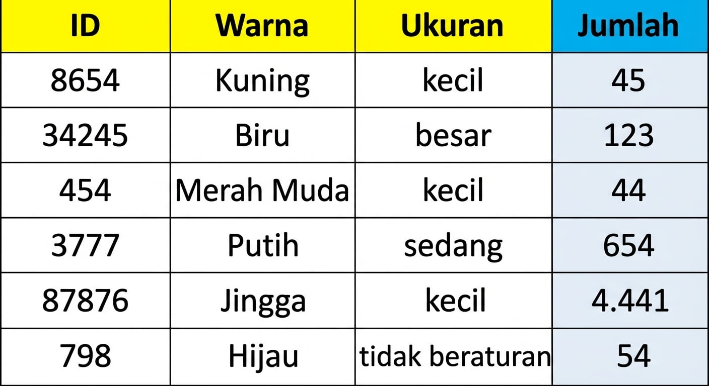 Visual tabel hitungan agregat dari kelompok balok lego