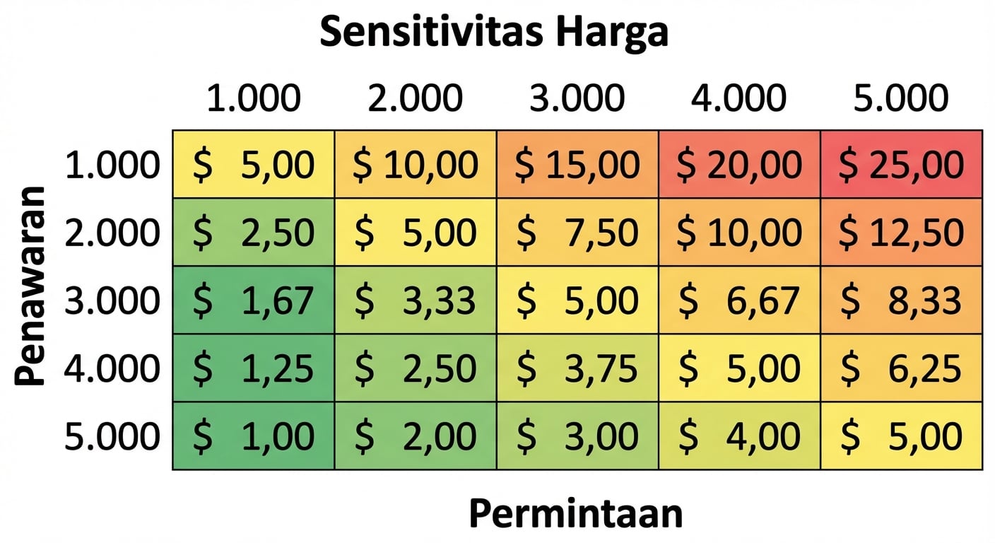 Contoh tabel sensitivitas dengan penawaran pada baris dan permintaan pada kolom