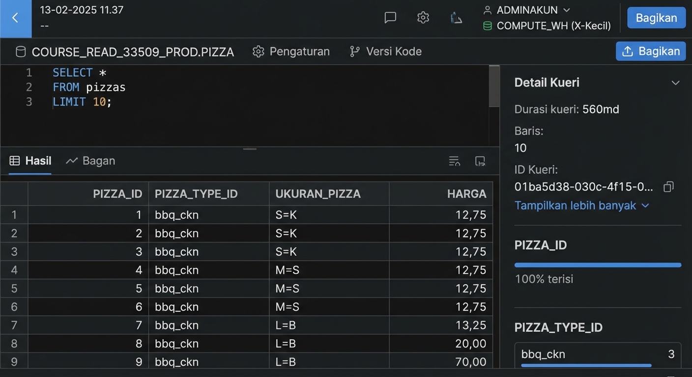 Antarmuka Web Snowflake menampilkan worksheet dan hasil kueri