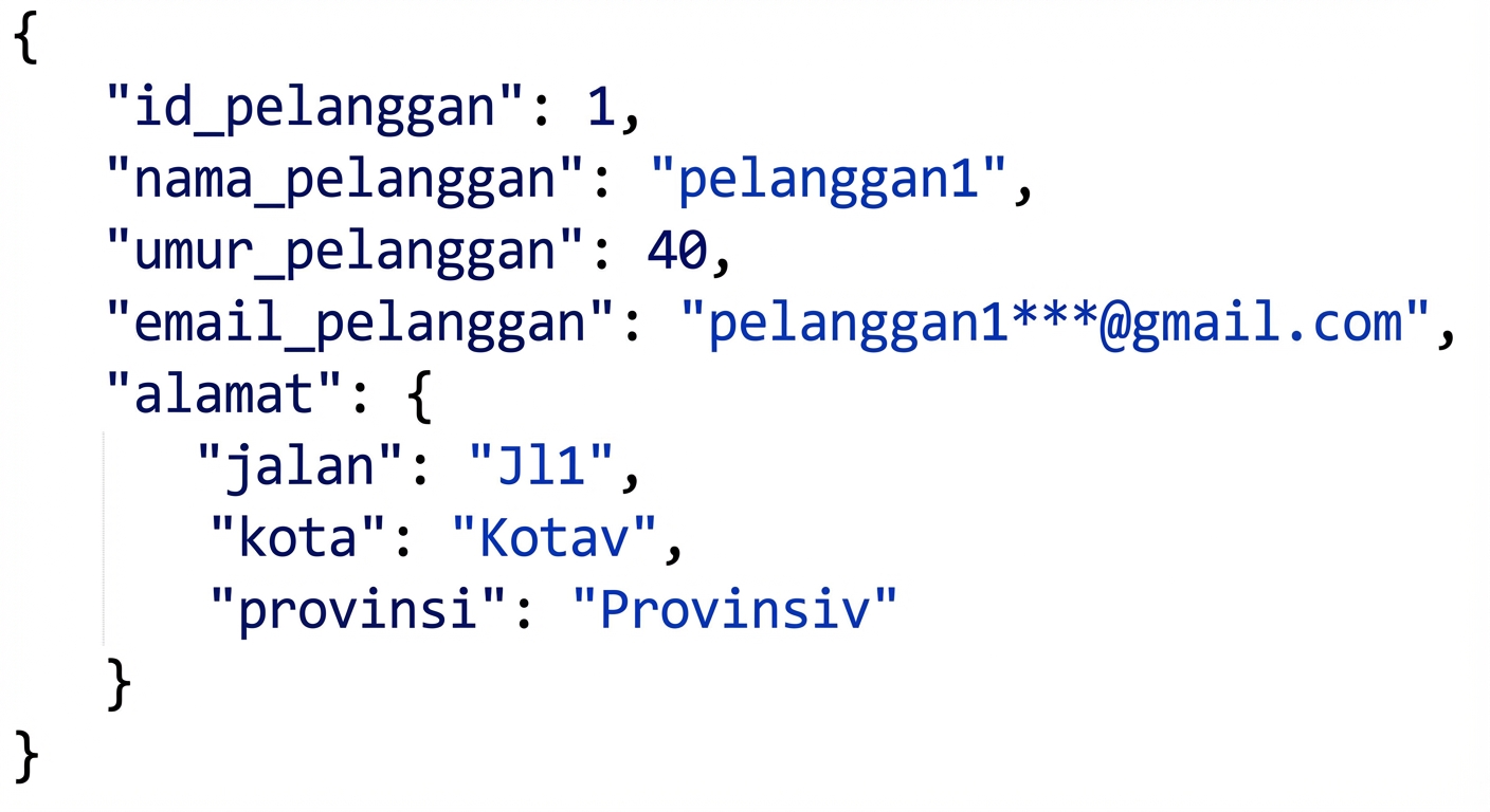 Data JSON bertingkat di mana address adalah objek dengan pasangan kunci-nilai street, city, dan state