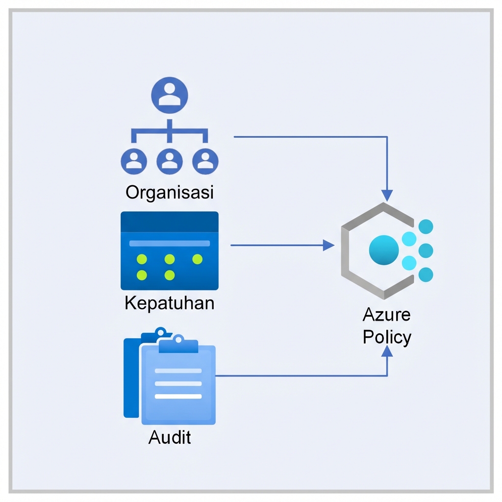 Persegi berwarna dengan ikon organisasi, kepatuhan, audit mengarah ke ikon Azure Policy