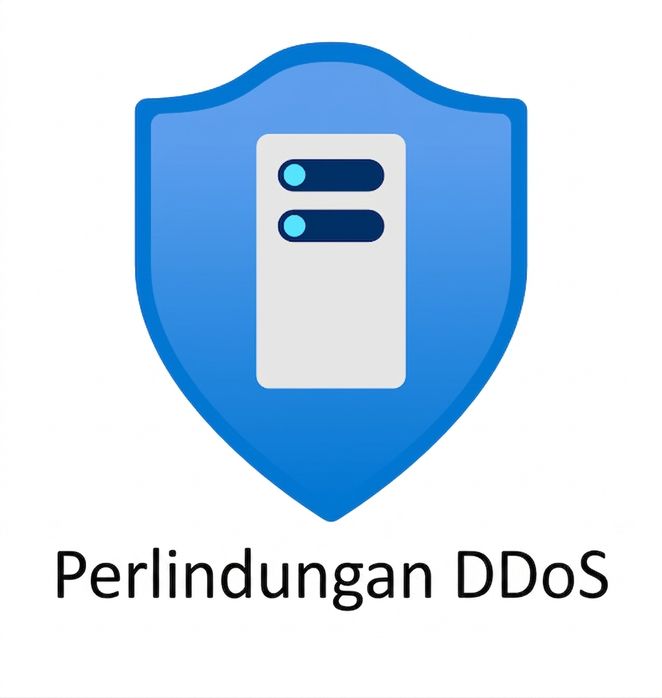perisai biru dengan tulisan ddos protection di bawahnya