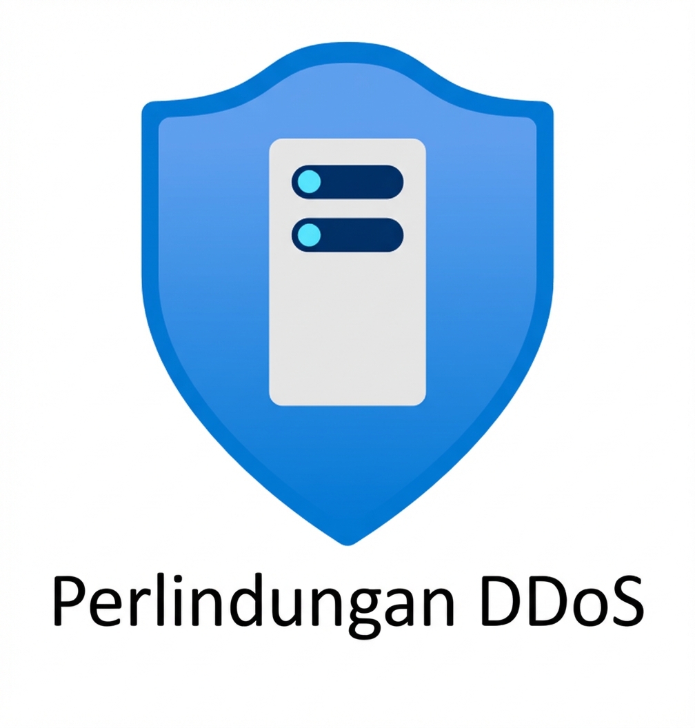 perisai biru dengan tulisan ddos protection di bawahnya