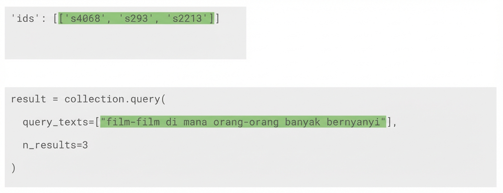 Teks kueri disorot bersama id dari tiga hasil kueri yang dihasilkan.