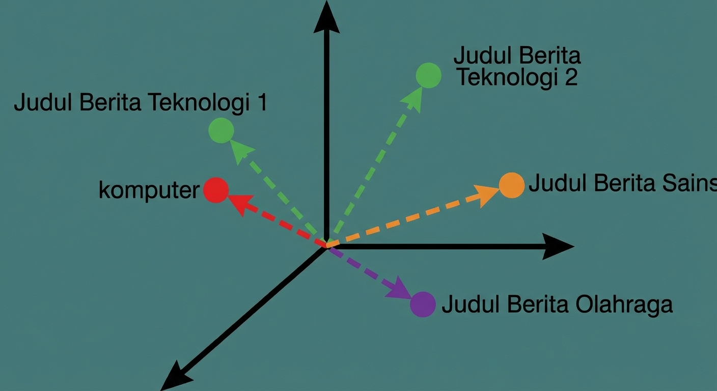 Kueri pencarian yang di-embed dalam ruang vektor berdampingan dengan beberapa artikel yang di-embed pada berbagai topik.