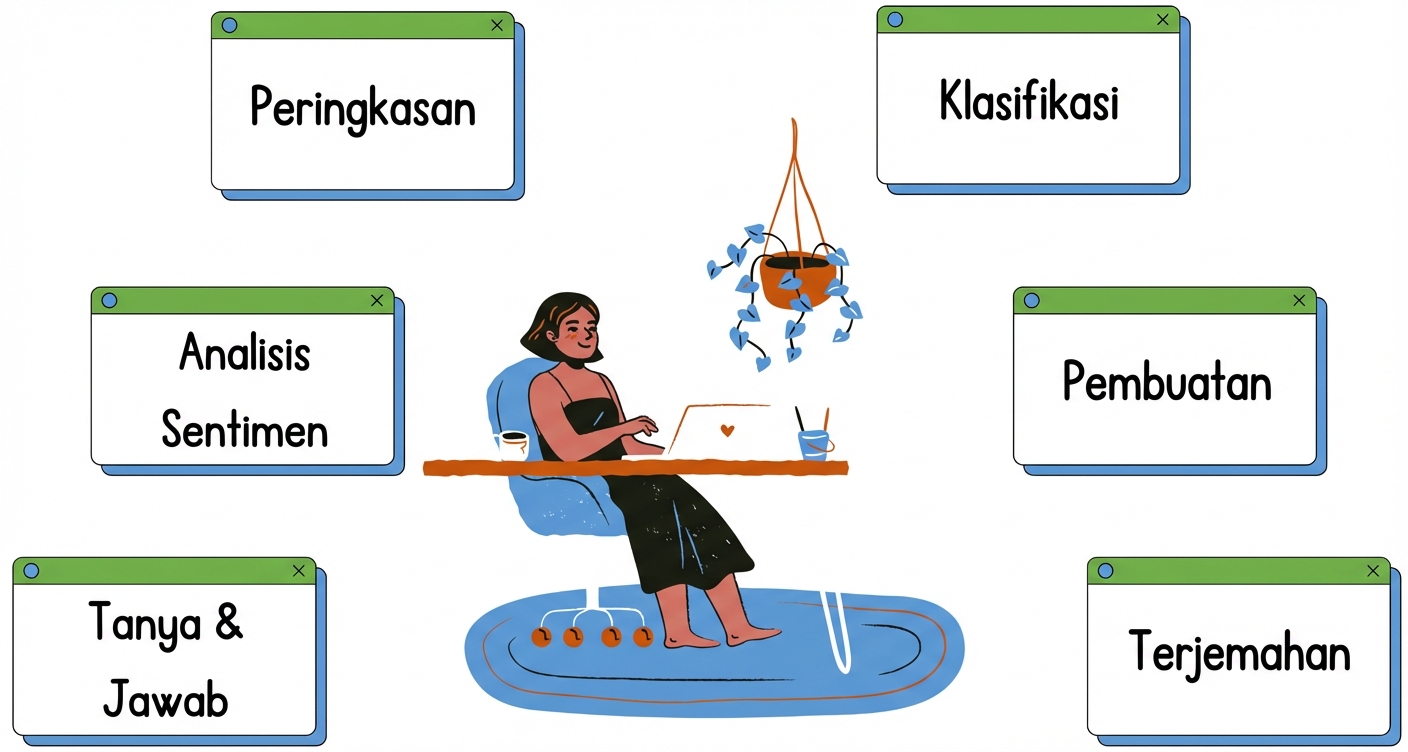 Orang duduk di meja dengan beberapa tugas di sekelilingnya yang menggambarkan pembuatan teks dan penerjemahan