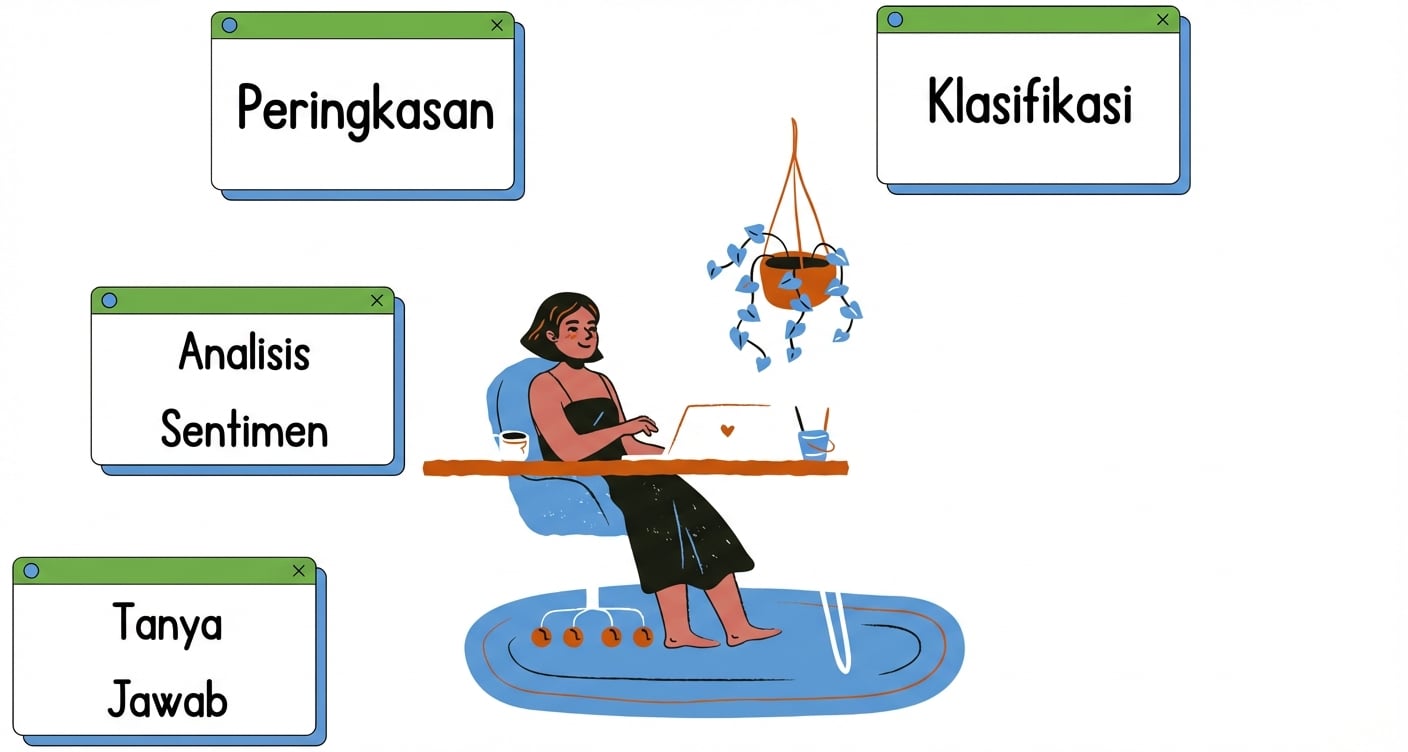 Orang duduk di meja dengan beberapa tugas di sekelilingnya yang menggambarkan klasifikasi teks, peringkasan, analisis sentimen, serta tanya jawab