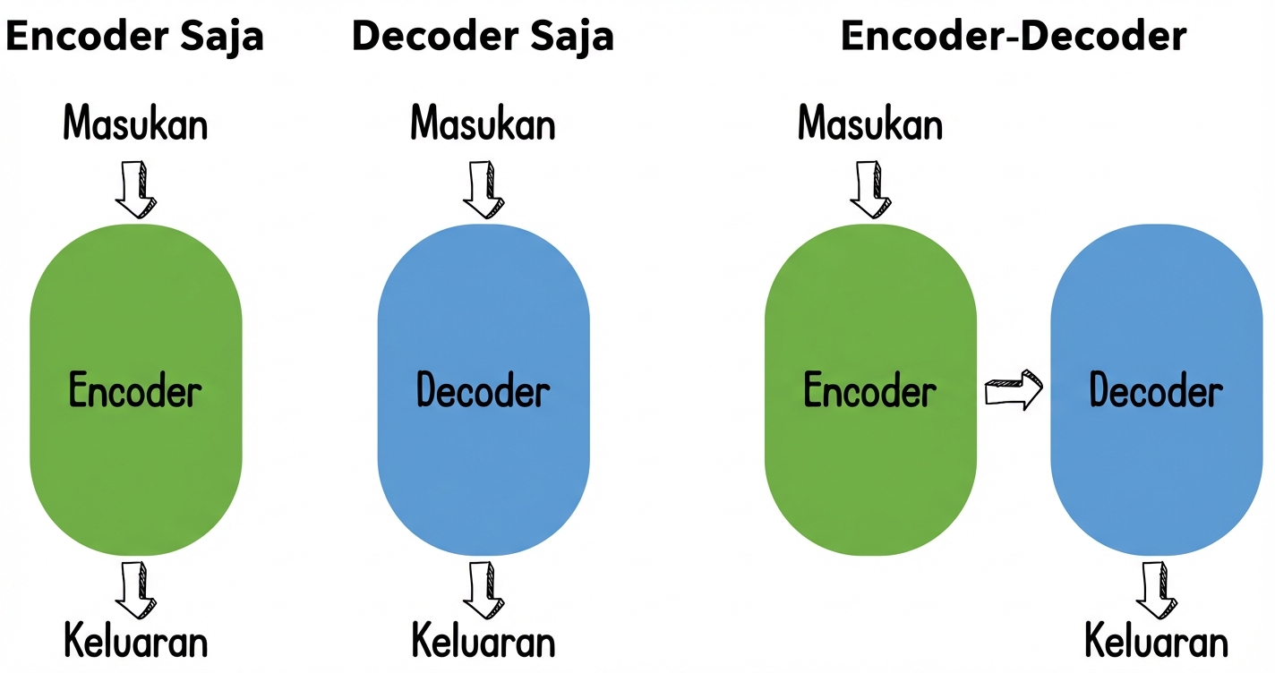 Ilustrasi tiga arsitektur transformer: encoder-saja, decoder-saja, dan encoder-decoder