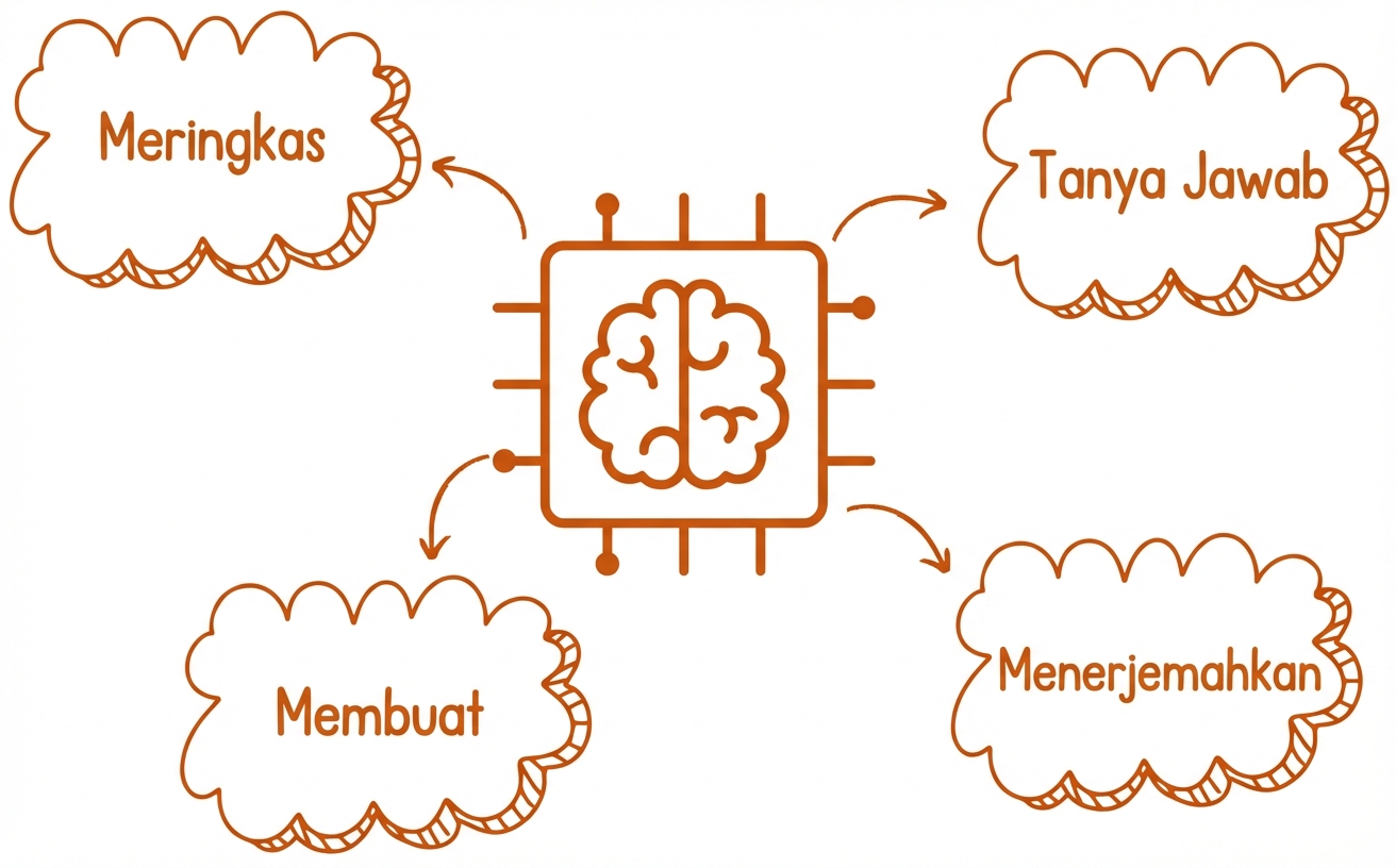 Ilustrasi abstrak model bahasa besar dengan gelembung ringkas, buat, terjemahkan, tanya-jawab