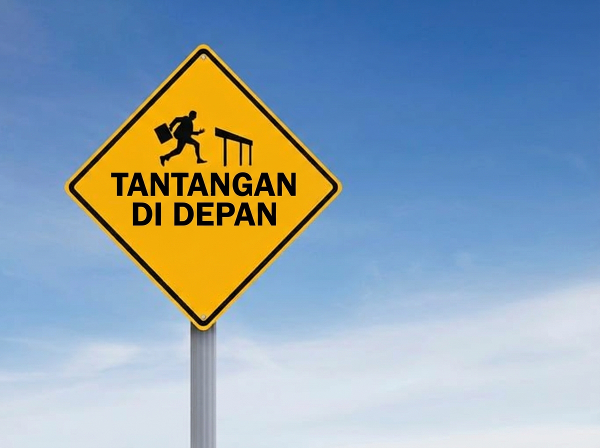 Rambu jalan bergambar orang melompati rintangan bertuliskan "Challenges Ahead"