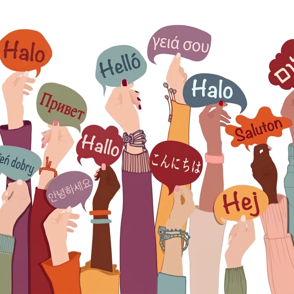 Tangan memegang papan bertuliskan "hello" dalam banyak bahasa