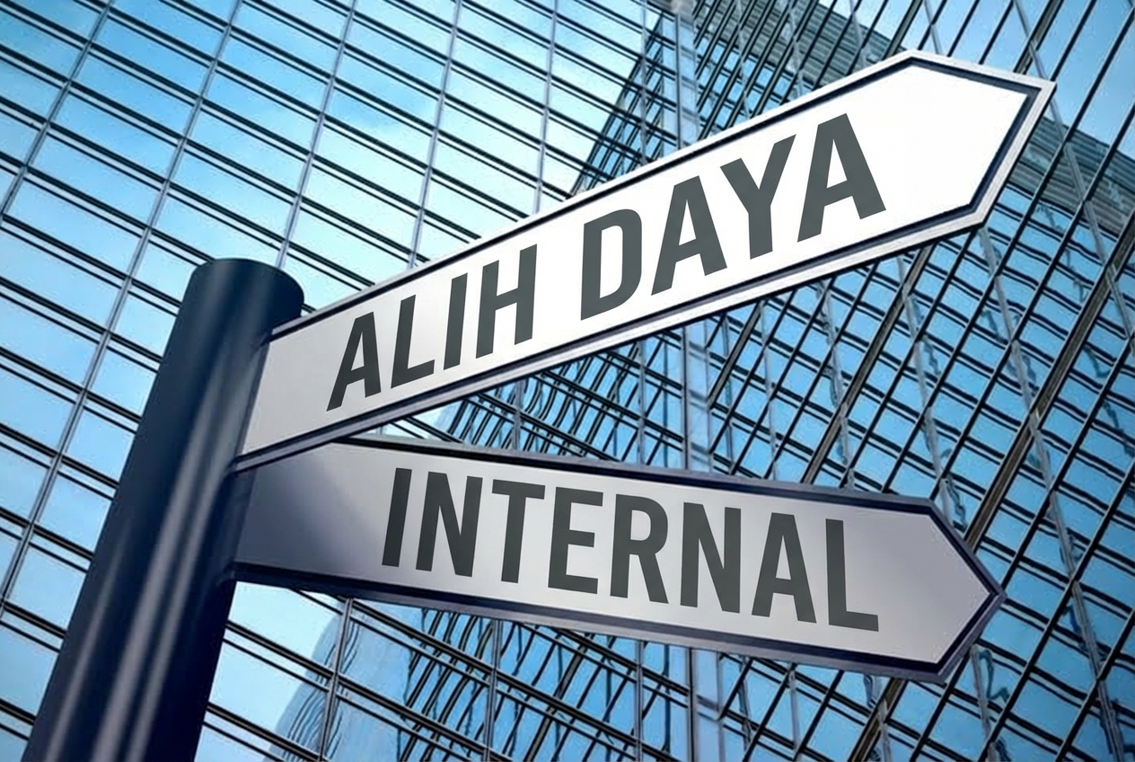 Papan penunjuk arah dengan dua pilihan: outsourcing atau in-house