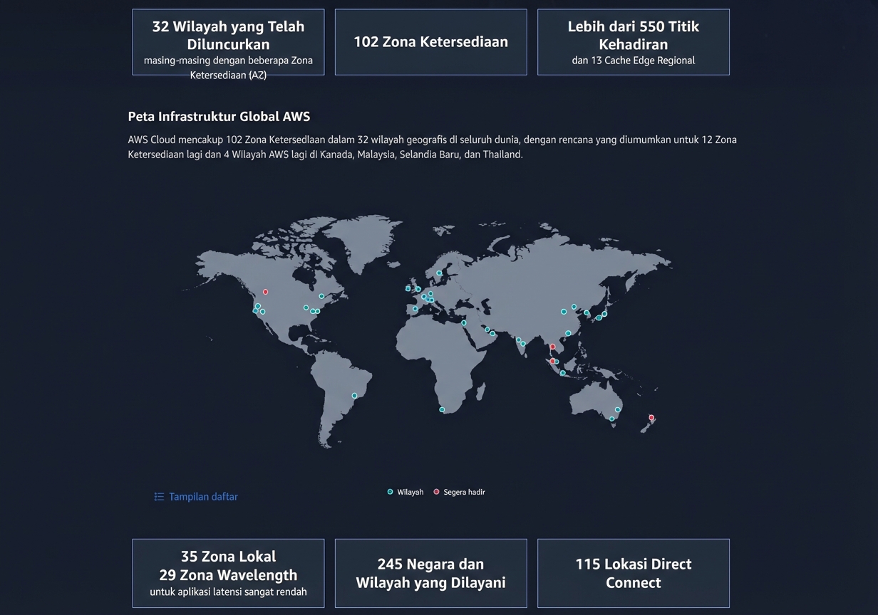 Gambar globe dengan node tersebar yang menampilkan keragaman geografis AWS