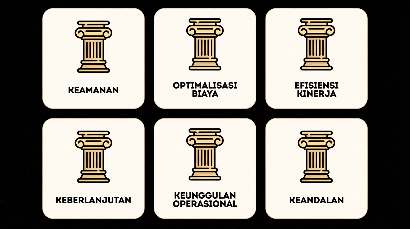 Enam pilar kerangka kerja: Security, Cost Optimization, Performance Efficiency, Sustainability, Operational Excellence, dan Reliability
