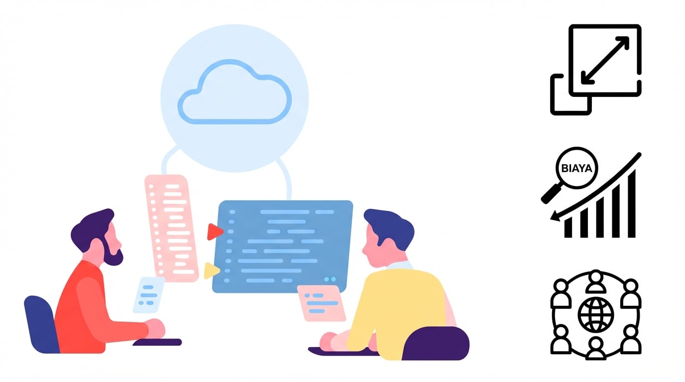 Grafik 2 pengguna tersambung ke cloud, ikon skalabilitas, biaya turun, dan jaringan global