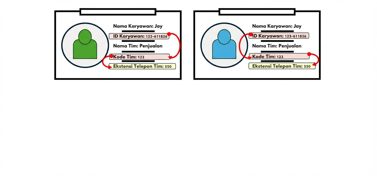 Kartu ID karyawan menunjukkan ketergantungan transitif