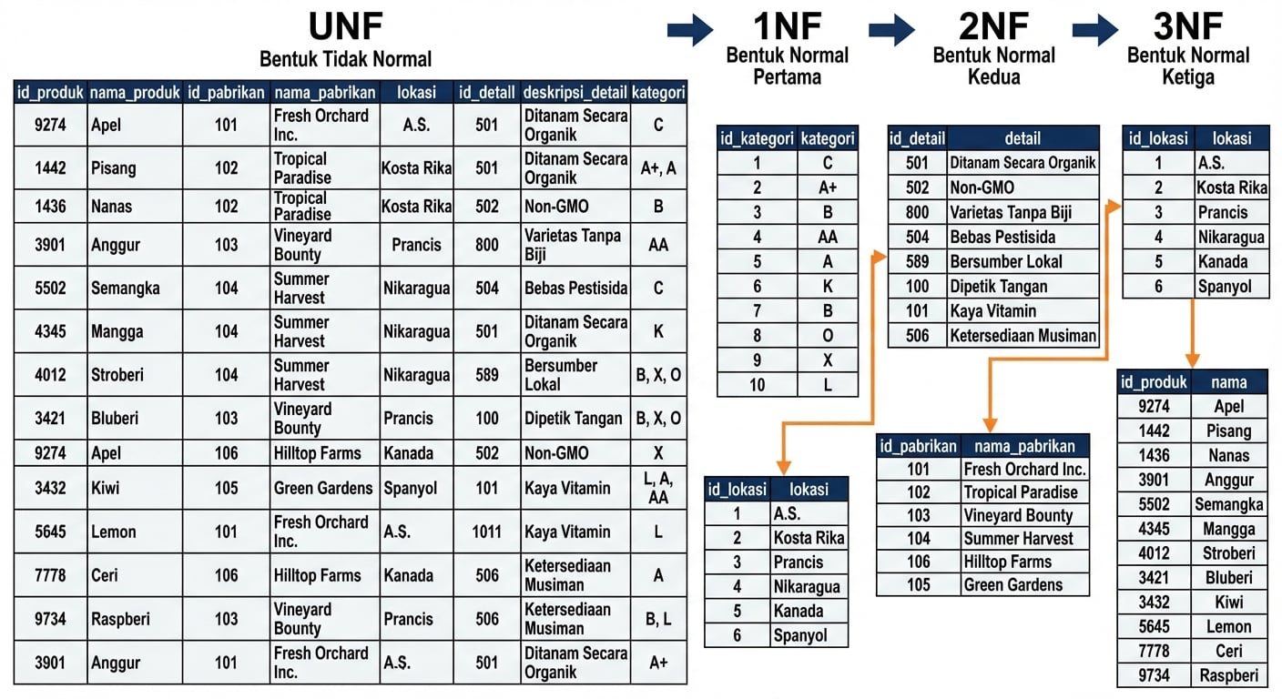 Data All products, dari UNF ke 3NF dengan relasi