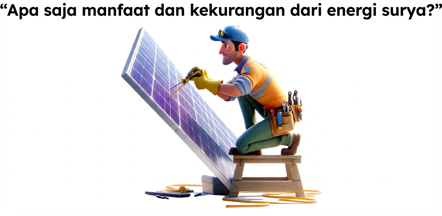 Orang bekerja pada panel surya dan prompt "apa manfaat dan kekurangan energi surya"