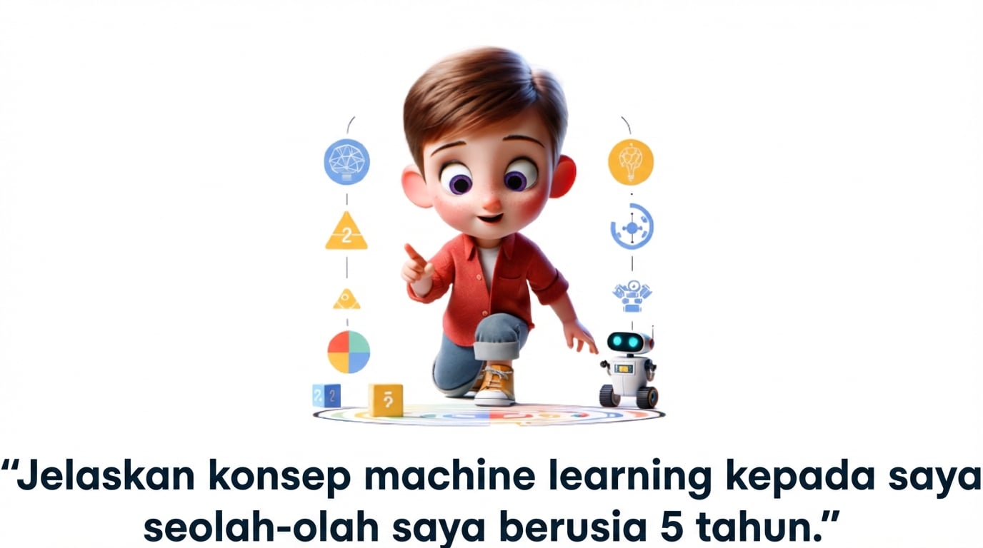 Ilustrasi anak 5 tahun dan prompt "jelaskan konsep pembelajaran mesin seolah saya berusia 5 tahun"