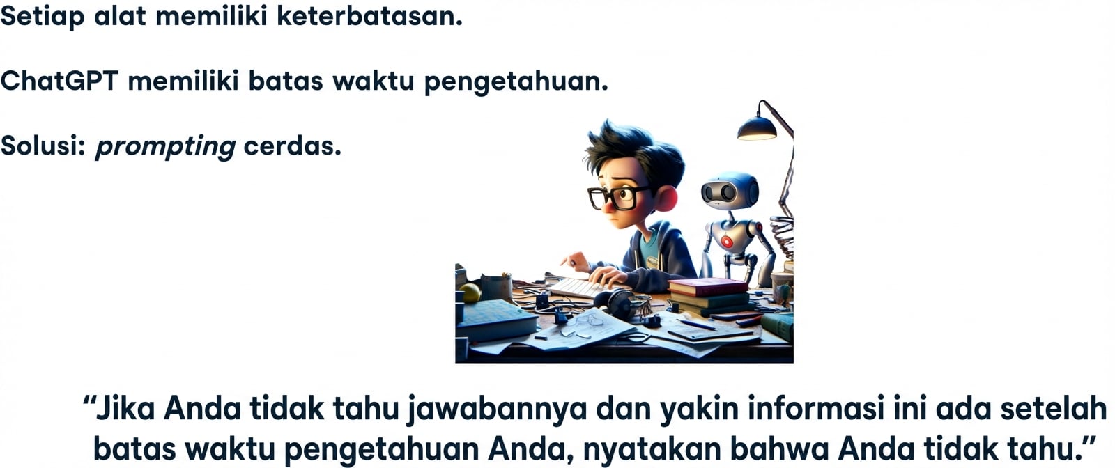 Setiap alat punya keterbatasan. ChatGPT punya knowledge cut off. Solusi: prompt yang cerdas.