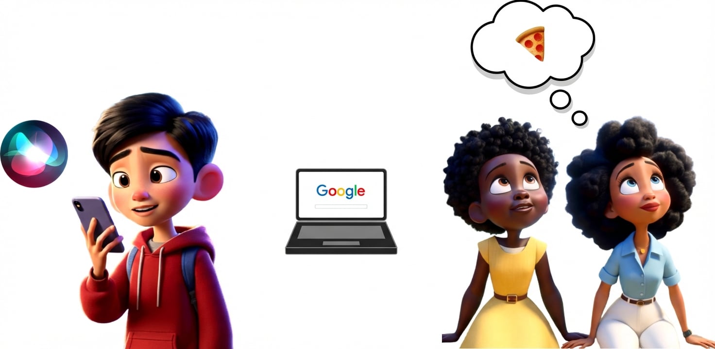 Ilustrasi kartun anak berinteraksi dengan asisten ponsel, dan dua teman memikirkan pizza