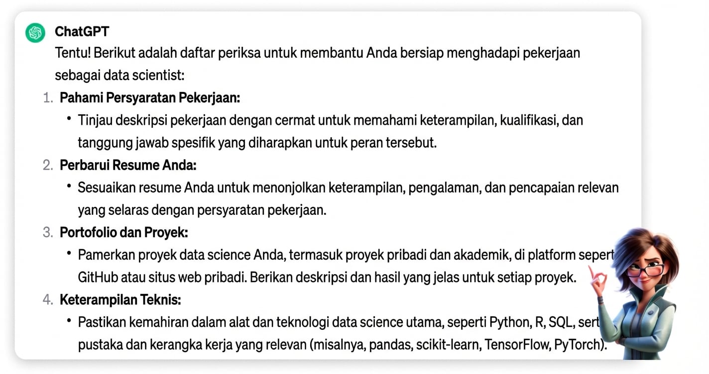 Respons ChatGPT terhadap prompt "I'm applying for a job as a data scientist, create a checklist for how I can best prepare"