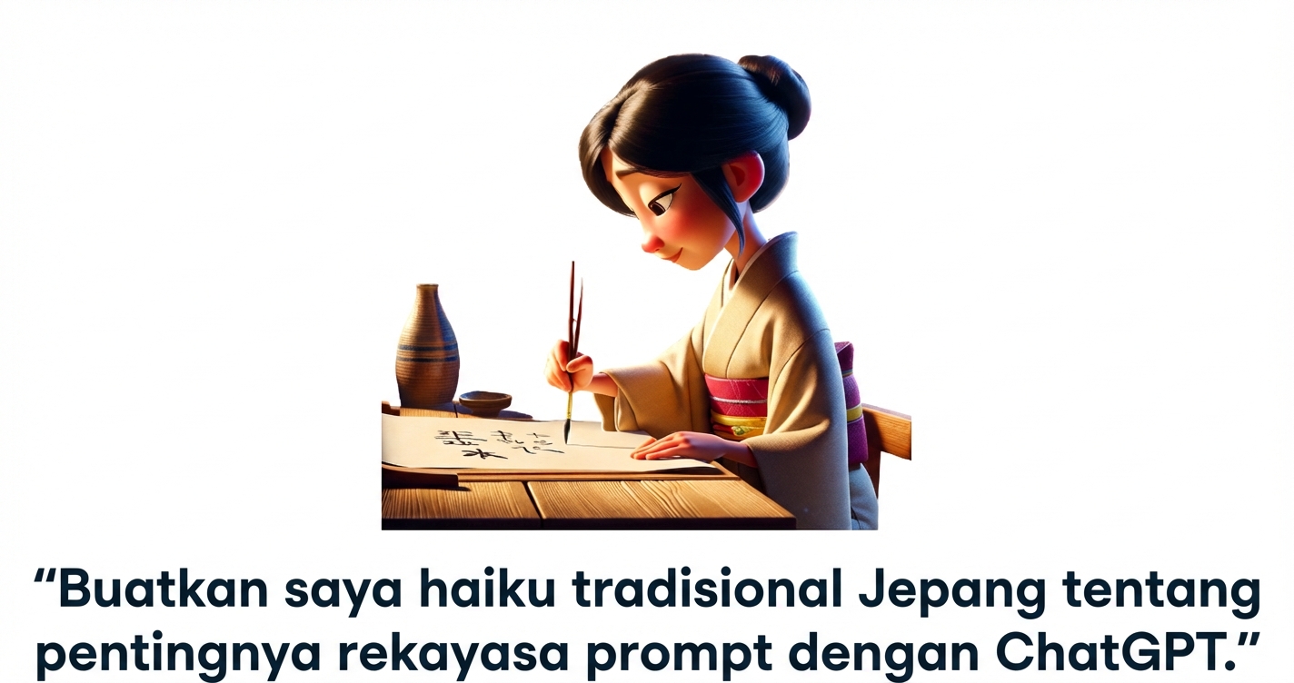 Seseorang menulis haiku dan prompt "tuliskan haiku Jepang tradisional tentang pentingnya rekayasa prompt dengan chatgpt"