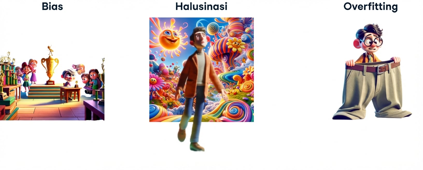 Ilustrasi kartun anak di meja dengan penghargaan diperhatikan anak lain, orang berhalusinasi, dan remaja dengan celana kebesaran