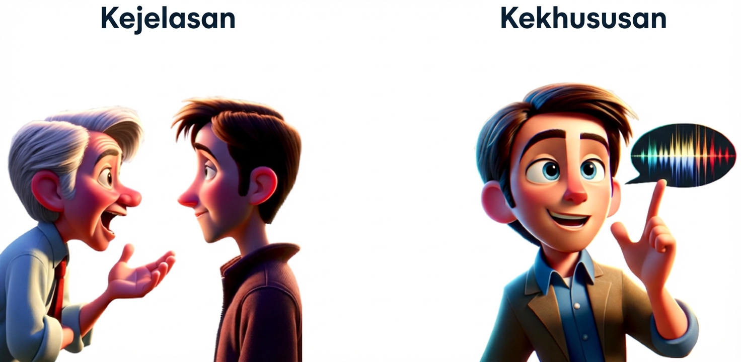 Satu sisi ada dua orang berbicara untuk menggambarkan kejelasan, sisi lain ada orang dengan gelembung ucapan untuk menggambarkan spesifik