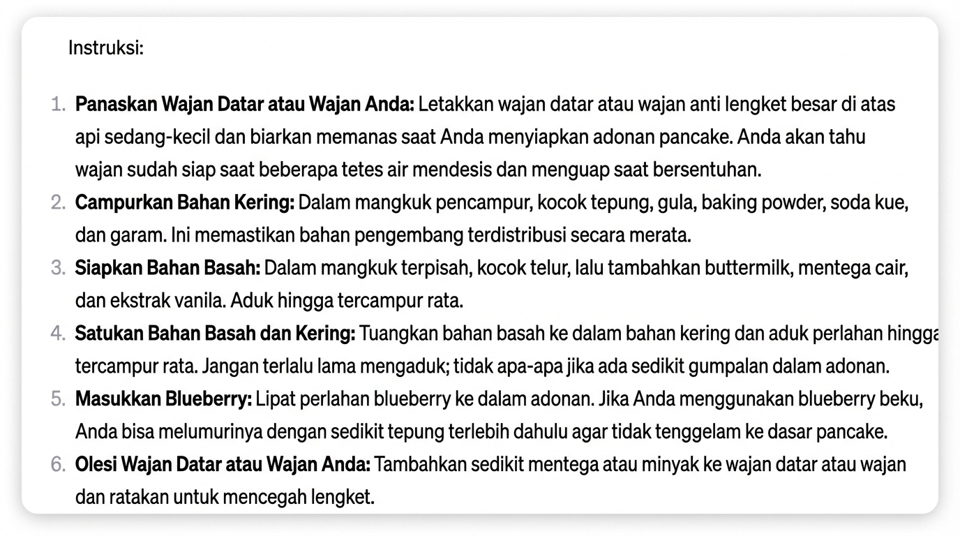 Respons ChatGPT untuk daftar langkah membuat panekuk blueberry sempurna