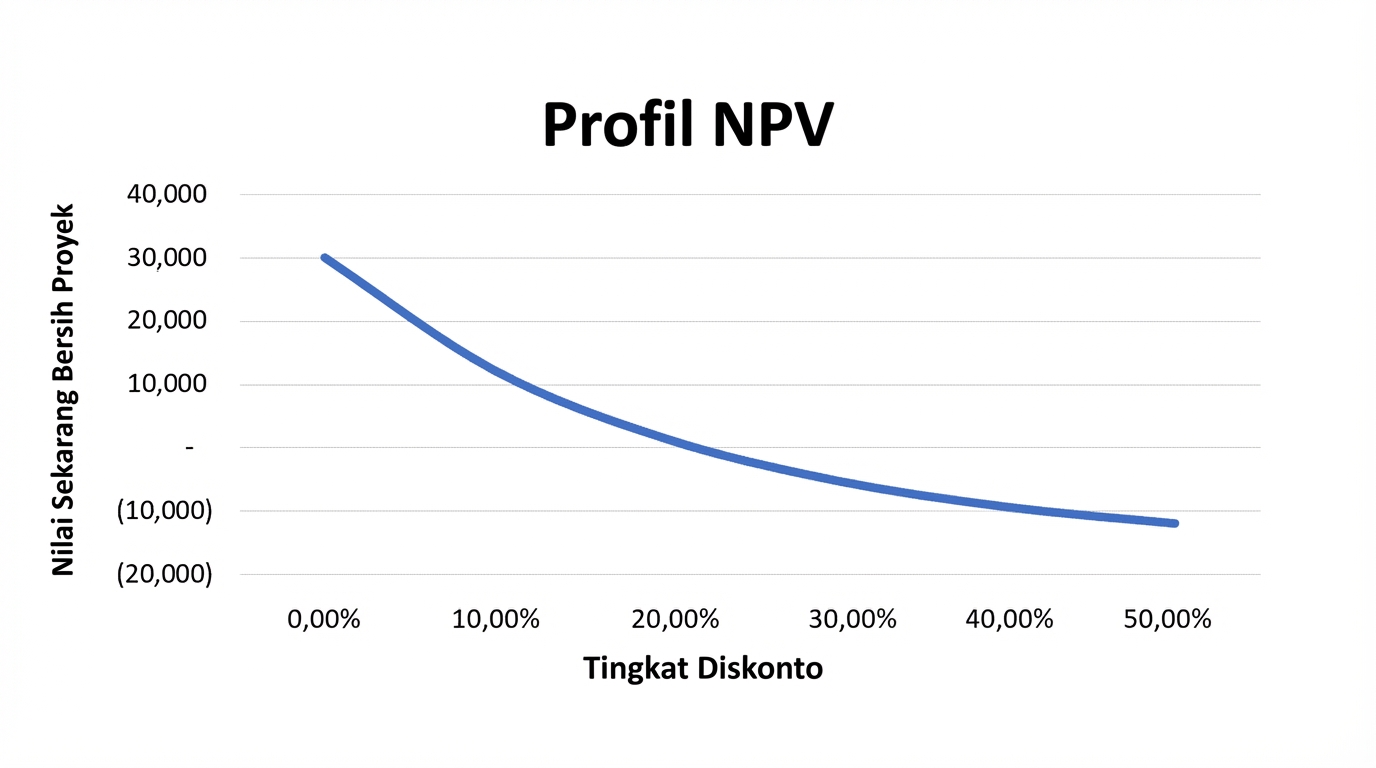Grafik garis dengan nilai kini bersih pada sumbu y dan tingkat diskonto pada sumbu x. Hubungannya menurun secara eksponensial.