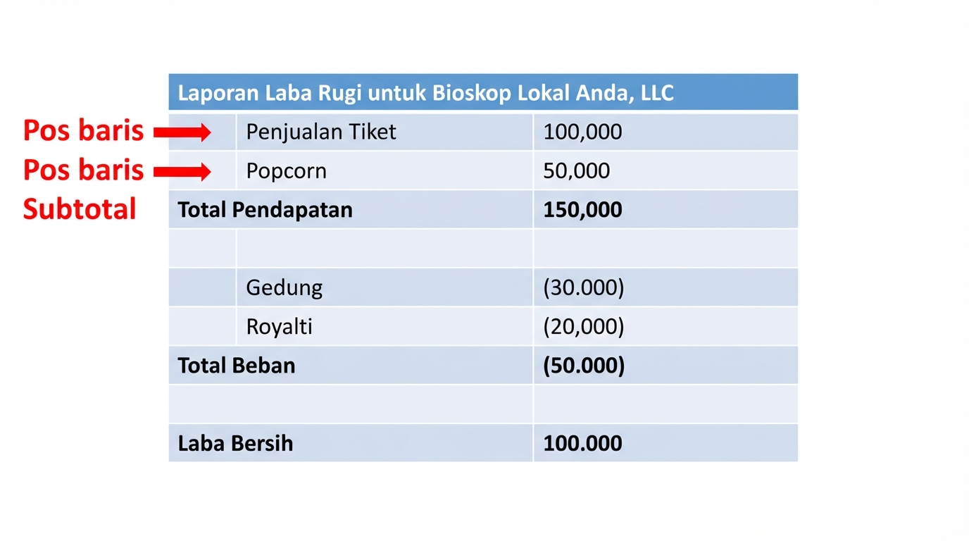 laporan laba rugi dengan pos dan subtotal disorot untuk pendapatan