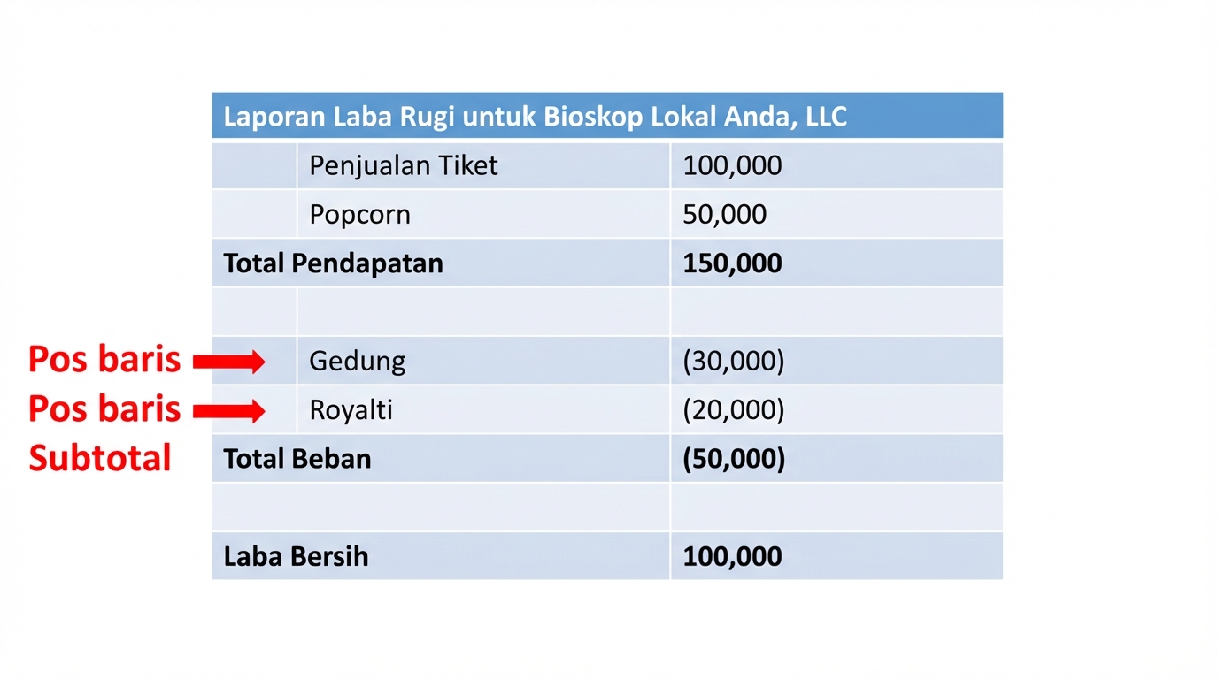 laporan laba rugi dengan pos dan subtotal disorot untuk pendapatan