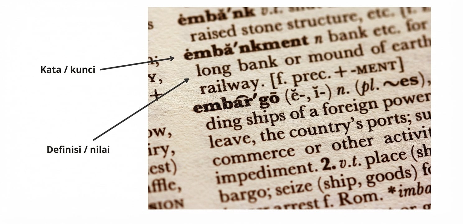 Kamus dianotasi dengan kata (kunci) dan definisi (nilai)