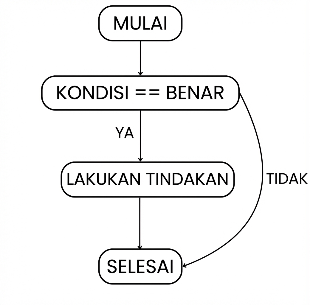 Alur pernyataan if: mulai > kondisi terpenuhi > lakukan aksi > keluar