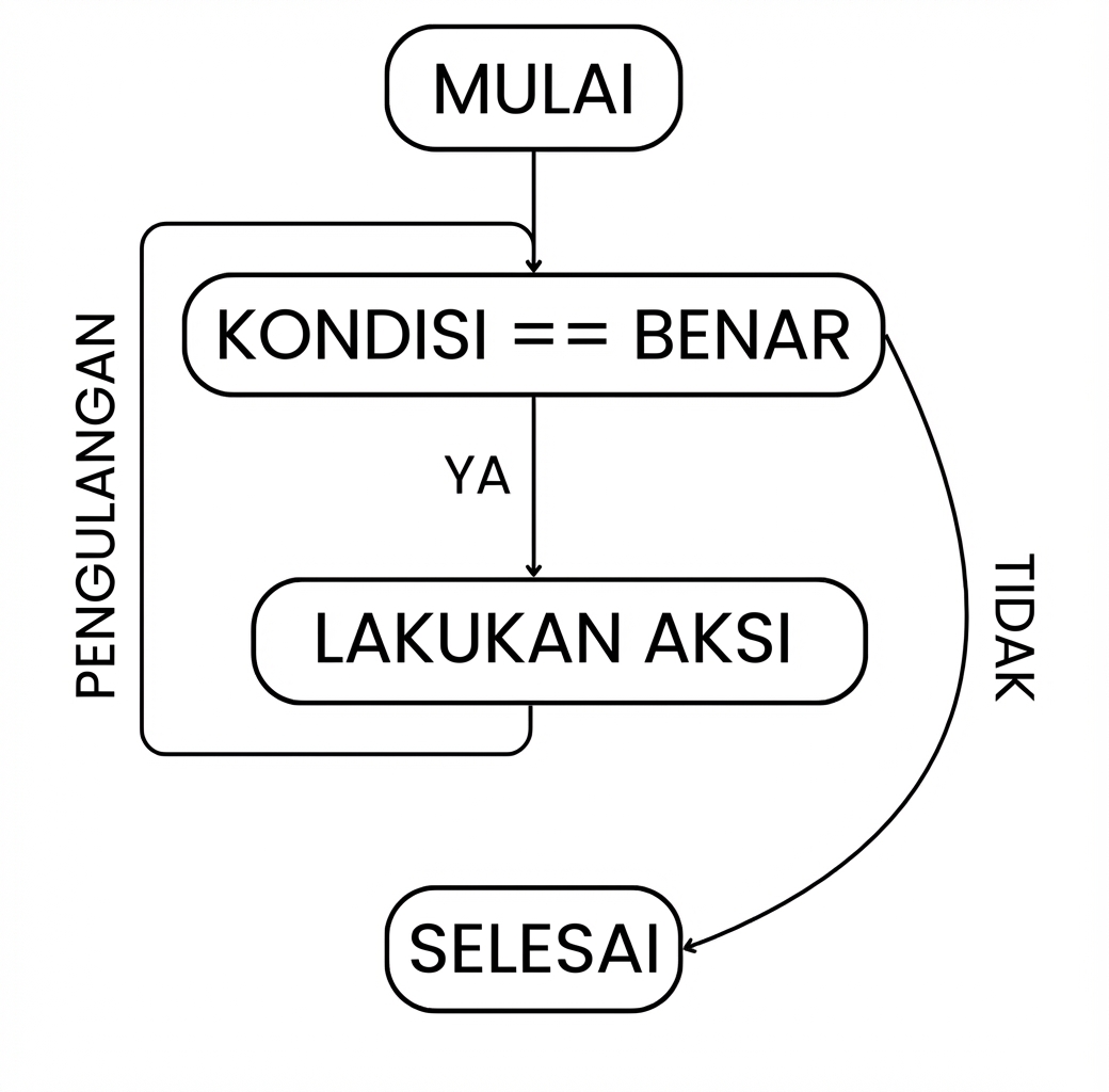 Alur perulangan while: mulai > kondisi terpenuhi > lakukan aksi > ulangi sampai kondisi tidak lagi terpenuhi