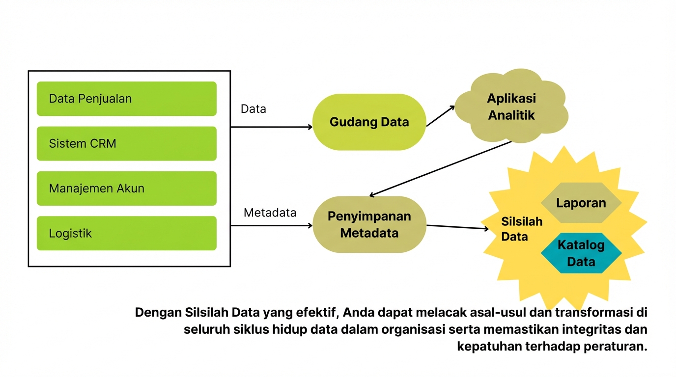 data sistem di kiri diubah menjadi laporan dan katalog data melalui pengelolaan metadata