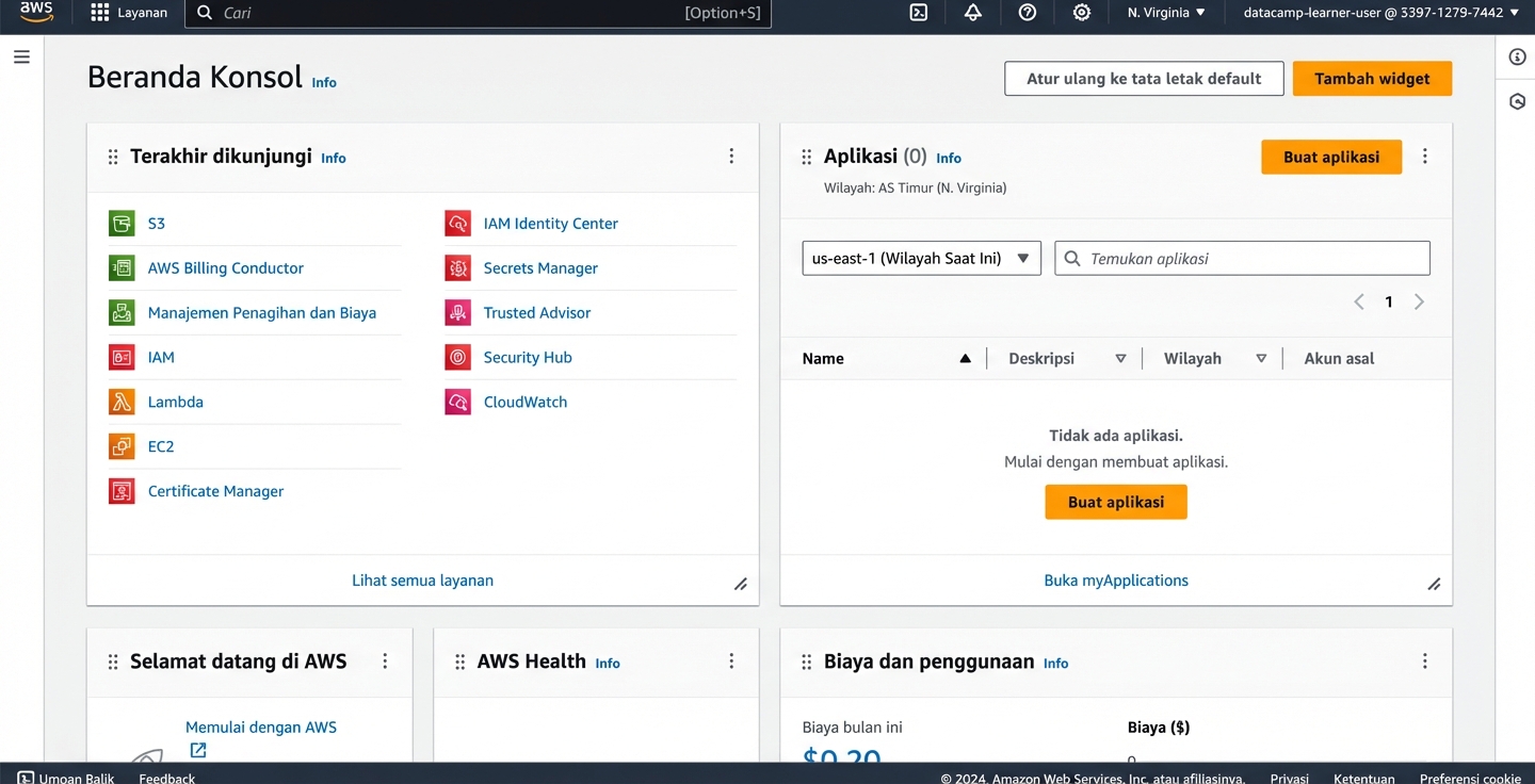 Halaman awal AWS di sandbox