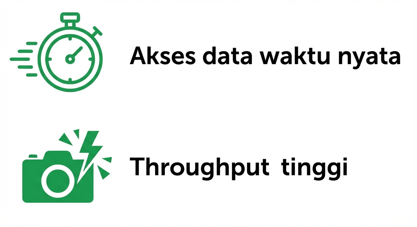 Dua ikon menampilkan akses data real-time dan throughput tinggi.