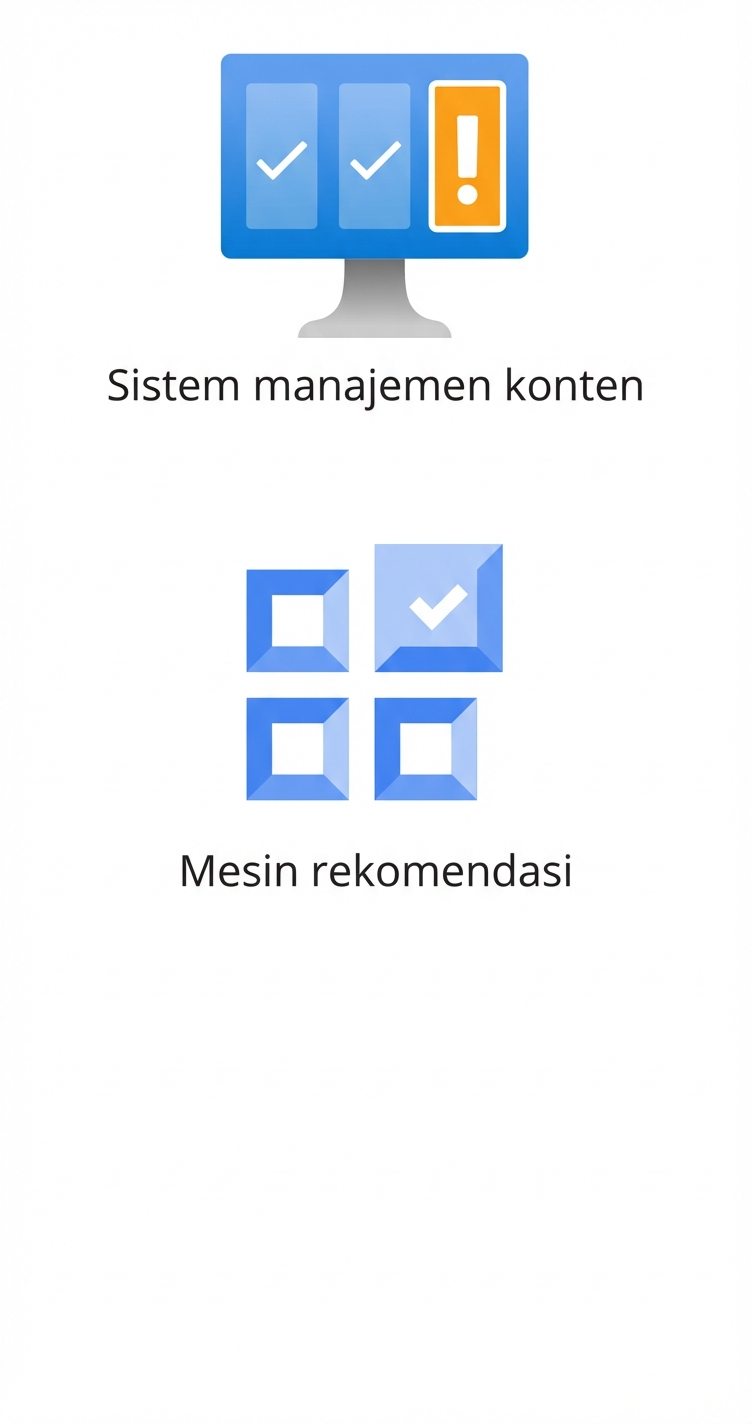 Ikon menampilkan sistem manajemen konten dan mesin rekomendasi.