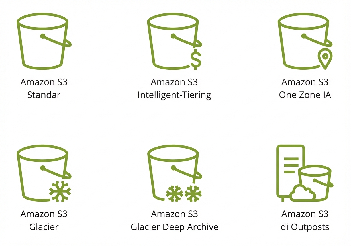 Enam ikon yang mewakili enam kelas penyimpanan di S3.