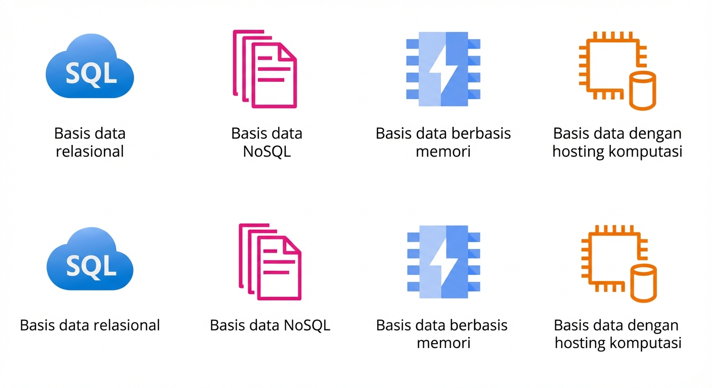 Ikon menampilkan database relasional, NoSQL, berbasis memori, dan yang di-host komputasi.