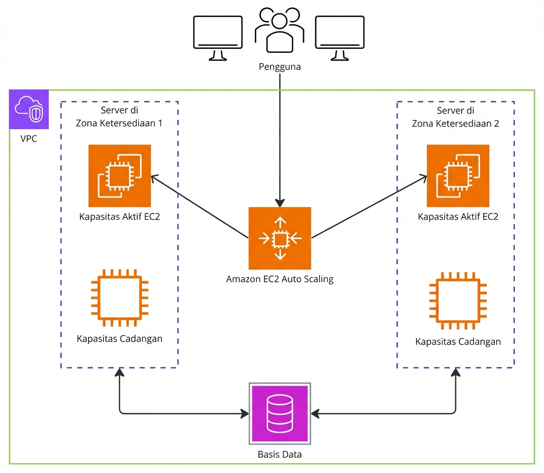 Diagram arsitektur yang menunjukkan permintaan pengguna menuju layanan EC2 Auto Scaling lalu dibagi ke instance EC2.