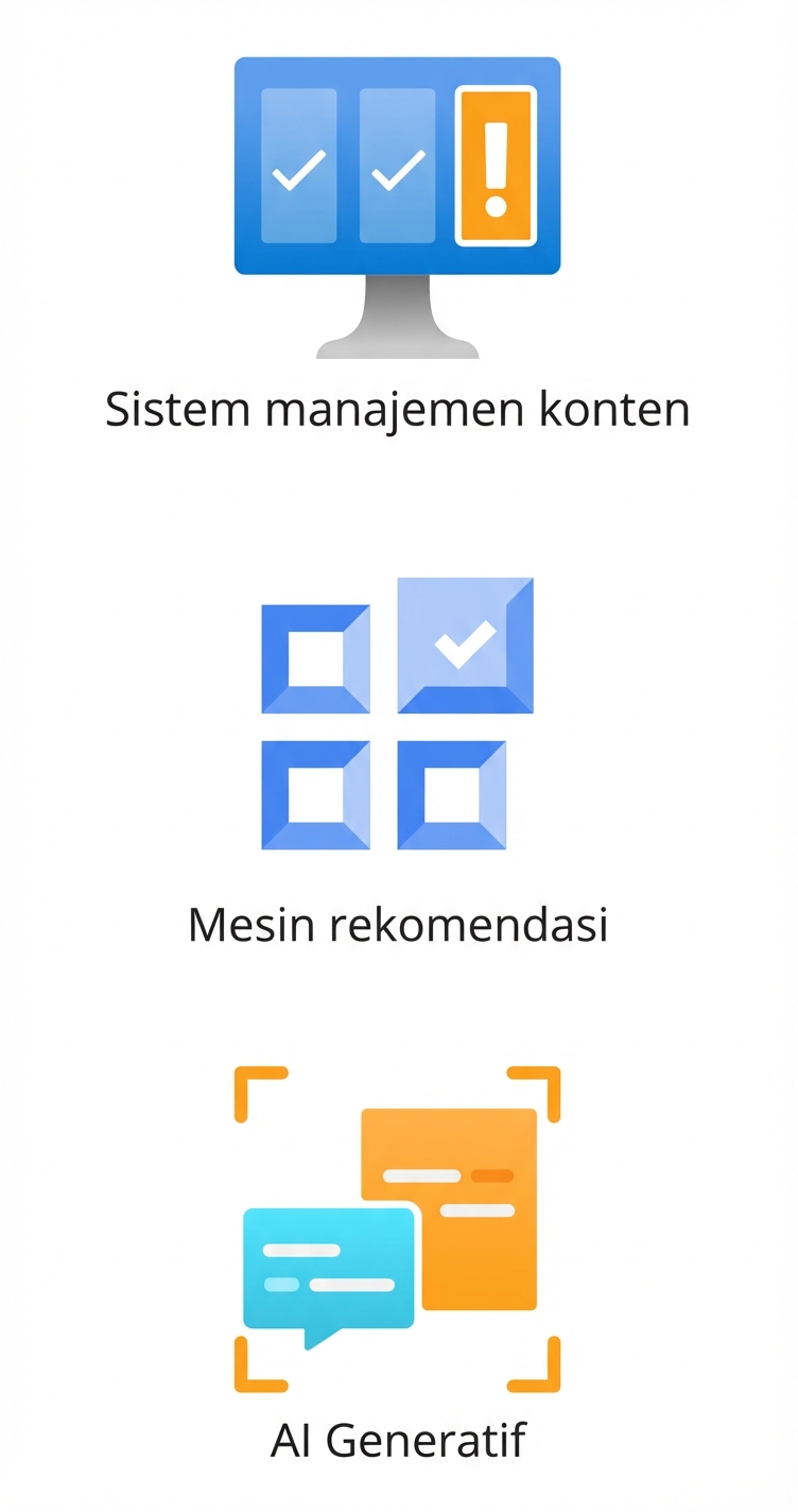 Ikon menampilkan sistem manajemen konten, mesin rekomendasi, dan AI generatif.