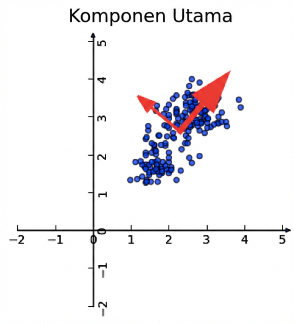 plot sebar data wine dengan 2 panah merah menunjukkan arah komponen utama (sumbu diputar)